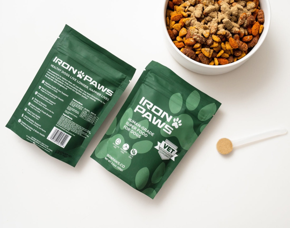 Iron Paws pouch front and back with a bowl of food