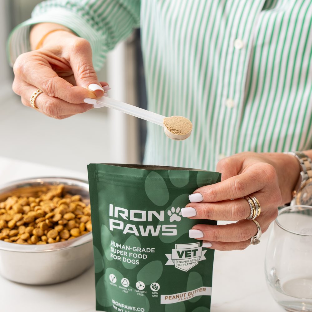 A scoop of Iron Paws superfood powder next to the pouch